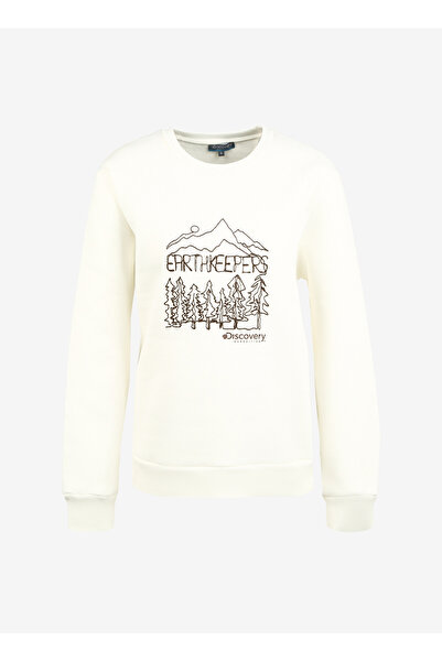 Discovery Expedition Kırık Beyaz Kadın Bisiklet Yaka Nakışlı Sweatshirt D3WL-...