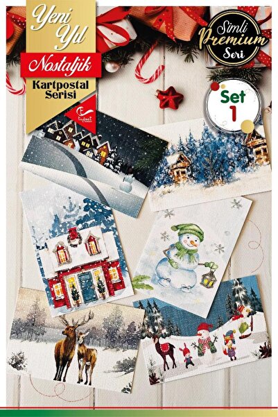 t tuğset etiket 6'lı Simli Yılbaşı Kartpostal Seti Yeni Yıl Tebrik Kartı Nost...