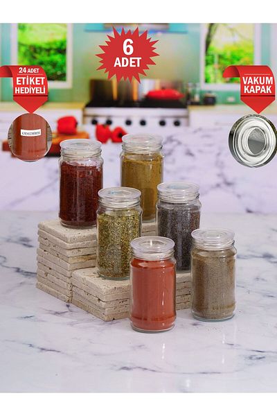 Amentes 6 Pieces Glass Spice Bowl with Vacuum Lid - Spice Bowl - Spice Set (300 Ml)