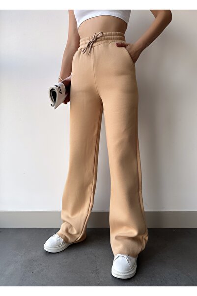 schlank Γυναικείο μπεζ φλις εσωτερικά χειμερινό κορδόνι ψηλόμεσο φαρδύ παντελόνι