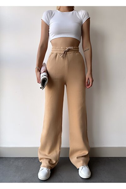 schlank Kadın Bej İçi Polarlı Kışlık Bağcıklı Yüksek Bel Bol Paça Eşofman Altı