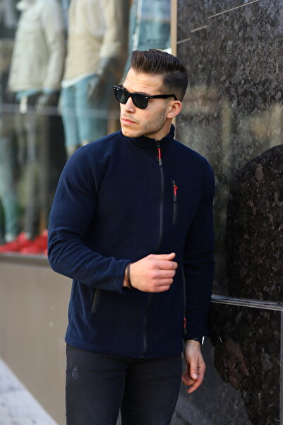 Alvora Lacivert Shoftsell Erkek Polar Standart Kalıp Tam Fermuarlı 3 Çepli Erkek Hırka Outdoor