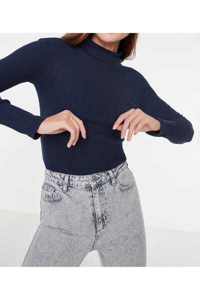 mor butik MOR BUTİK Lacivert Fitted/Vücuda Oturan Dik Yaka Uzun Kol Fitilli Esnek Örme Bluz NAZ010001