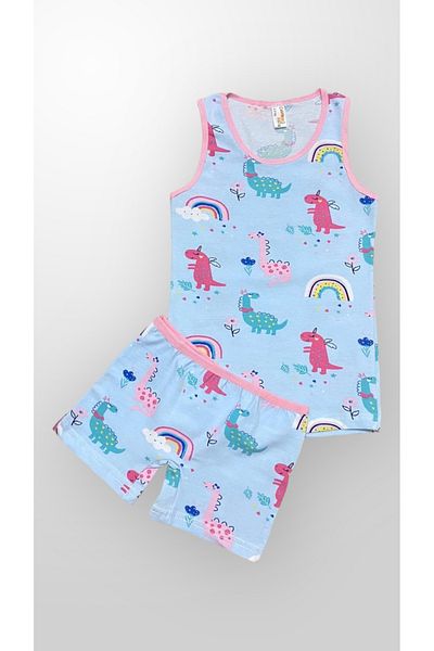 elmas kids Girl's Cotton Dinosaur and Rainbow Patterned Undershirt Boxer Set