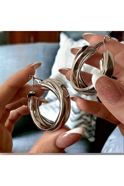 alsaccessories Kadın Gümüş Renk Çelik Iç Içe Geçirmeli Halka Model Küpe