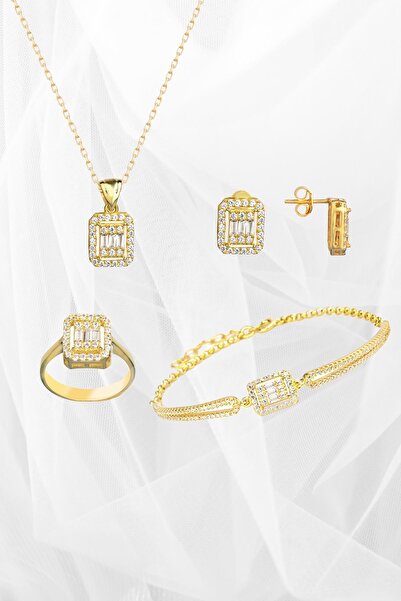 byess 925 Ayar Gümüş Trapez Taşlı Kolye Bileklik Küpe Yüzük Set