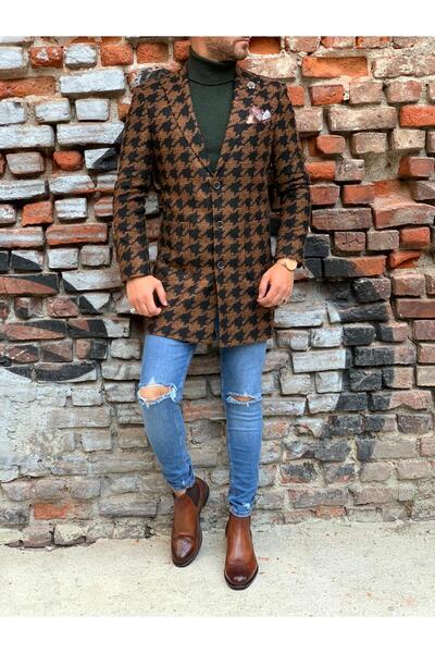 LONATOLİA Erkek Desenli Slim Fit Yün Kaşe Kaban