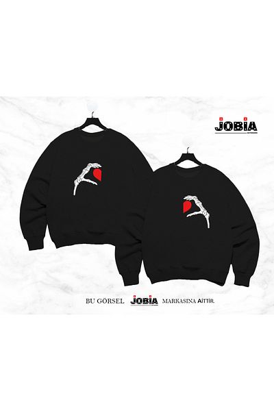 Jobia Outdoors Комплект от 2 части за жени и мъже, с принт на скелет и ръка и сърце, за любовници и двойки, с нулева яка и 3 прежди
