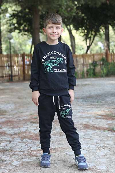 han collection Tyrannosaurus printed 2 thread fabric pocket top and bottom boys tracksuit set for ages 7-14