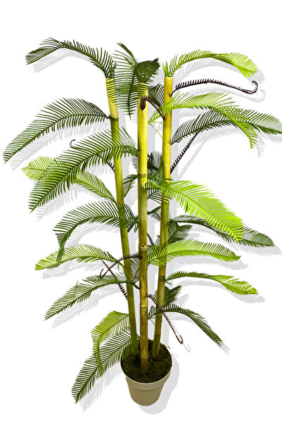 Cihan Çiçekçilik 3 GÖVDE BAMBU PALMİYE ÇiKAS 120 CM YAPAY AĞAÇ KREM SAKSI