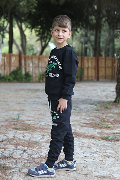 han collection Tyrannosaurus printed 2 thread fabric pocket top and bottom boys tracksuit set for ages 7-14
