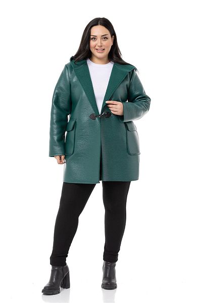 DISENTIS MODEST Plus Size Flap Pocket Hooded Shepherd Buttoned Emerald Leather Coat with Fur Inside