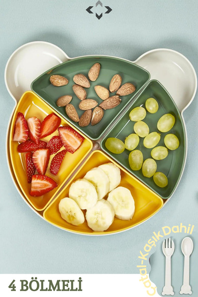 LİGROUND 4 Bölmeli Çıkarılabilir Ayıcık Desenli 7 Parça Mama Yemek Tabağı ve Çatal Kaşık Seti BPA FREE