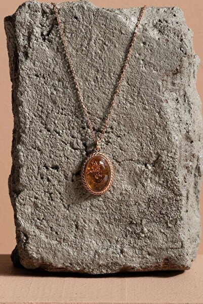 Takıdepo Damla Kehribar Taşlı Minimal Gümüş Kolye-Rose Rengi