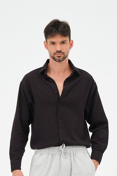 RELAXL Ανδρικό μαύρο 100% βαμβακερό ύφασμα ελαφρύ λινό πουκάμισο με γιακά με πόδια