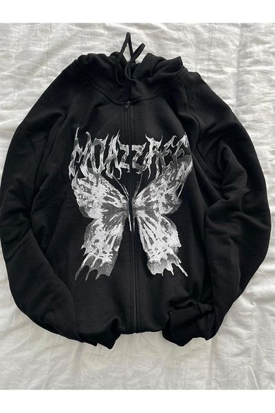 Planet Butik Harajuku Butterfly Black (Unisex) Zippered Hooded Cardigan