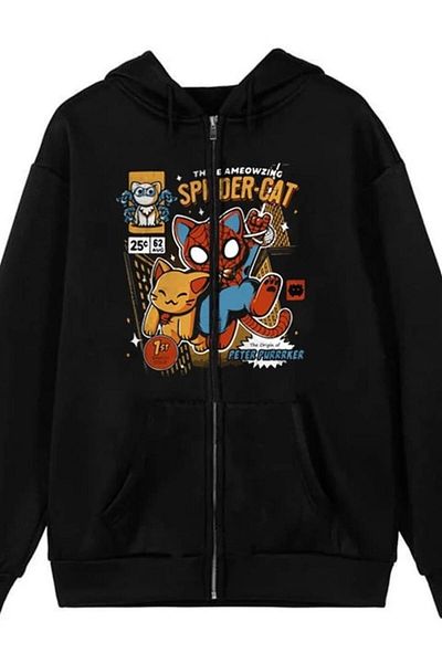 Planet Butik Spider-Cat Printed Oversize Zippered Black Unisex Hooded Cardigan