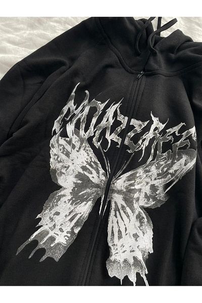 Planet Butik Harajuku Butterfly Black (Unisex) Zippered Hooded Cardigan