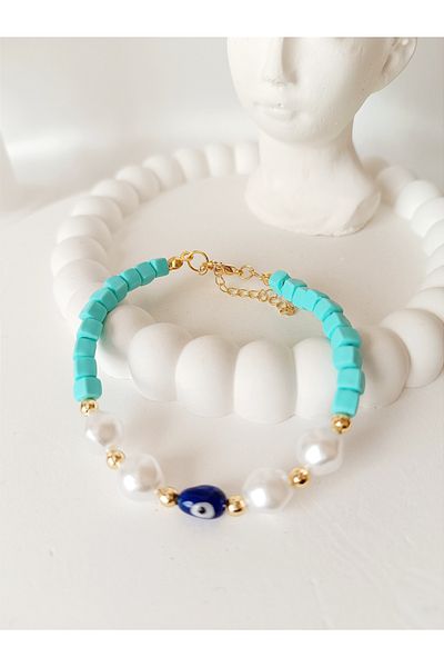 La fee aksesuar Pearl Bracelet with Evil Eye Bead Detail