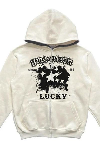 Planet Butik Hip-Hop Lucky White Thick Fabric Zippered Hooded Cardigan