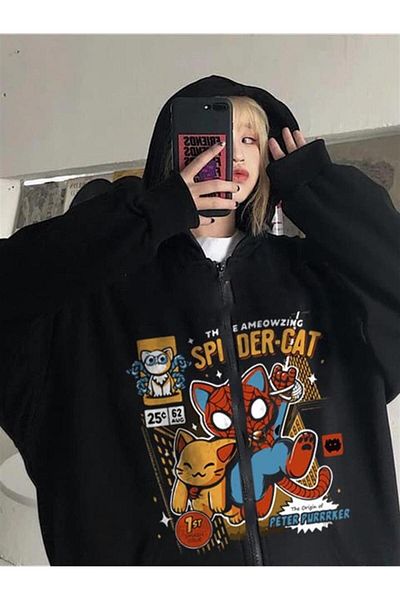 Planet Butik Spider-Cat Printed Oversize Zippered Black Unisex Hooded Cardigan