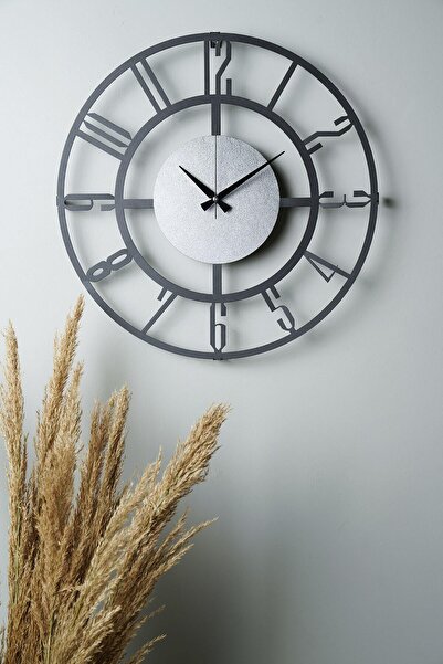 Muyika Design MUYİKA Bunnela Gümüş/Siyah Metal Renkli Duvar Saati 50x50cm MDS-50