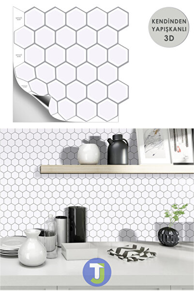 Technojet 1adet 3boyutlu Seramik Efekt Kendinden Yapışkanlı Beyaz Pvc Mutfk Tezgah Kaplama 30cm×30cm
