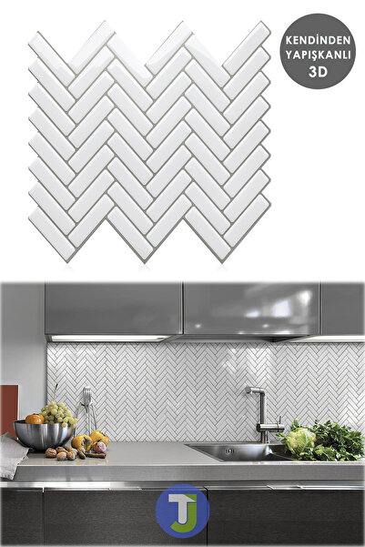 Technojet 1adet 3boyutlu Seramik Efekt Kendinden Yapışkanlı Beyaz Pvc Mutfk Tezgah Kaplama 30cm×30cm