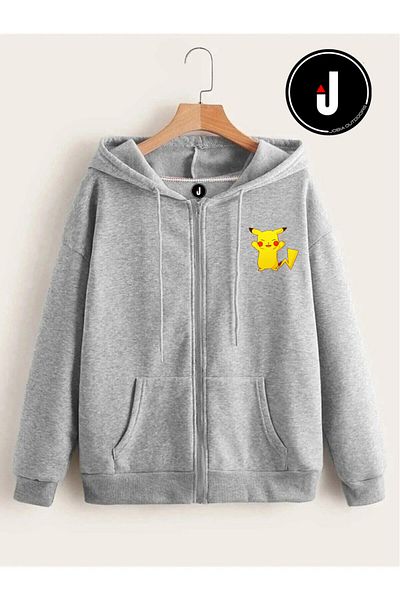 Jobia Outdoors Unisex Γυναικείο Ανδρικό μπουφάν με στάμπα Pikachu με φερμουάρ 3 κλωστών με κουκούλα