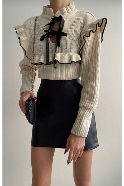 SG Boutique Bow Detailed Frilly Ecru Knitwear Women's Sweater New Season