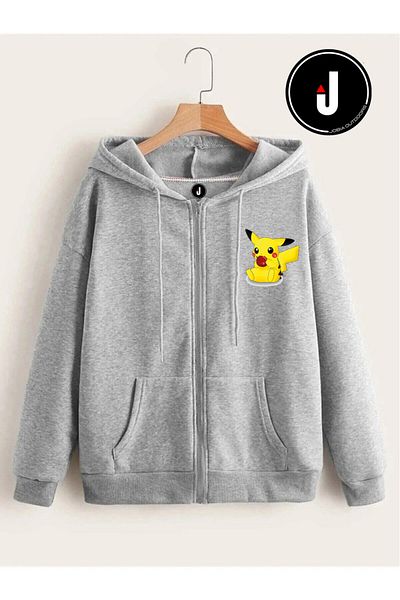 Jobia Outdoors Unisex Γυναικείο Ανδρικό μπουφάν με στάμπα Pikachu με φερμουάρ 3 κλωστών με κουκούλα