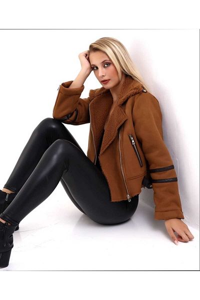 Azra Moda Style Fur Detail Suede Leather Brown Coat Women