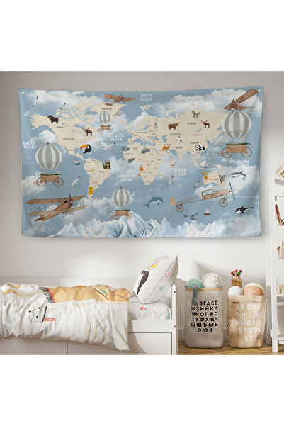Harita Sepeti Cocuk Odası Temalı Dekoratif Kanvas Duvar Örtüsü-Halısı 1106