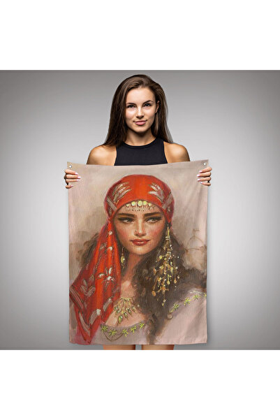Harita Sepeti Красива жінка в червоній хустці Настінне покривало-килим - Килим-6206