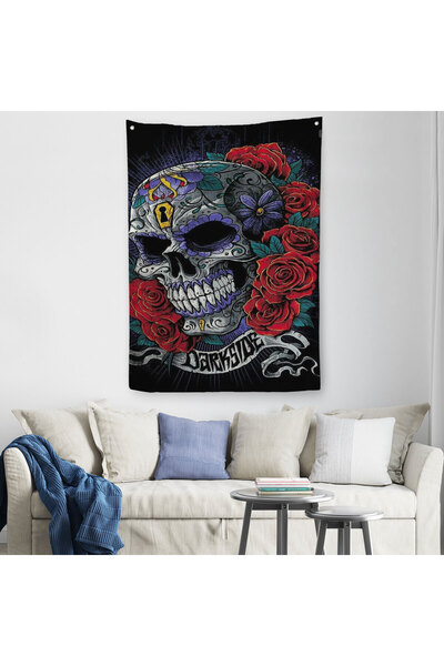 Harita Sepeti ملصق جمجمة مع زهور ملونة، غطاء حائط فني جمجمة السكر - سجادة-5256