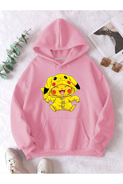 Adrift Unisex Erkek/Kadın Pikachu Renkli Özel Baskılı Oversize Kapüşonlu Swea...