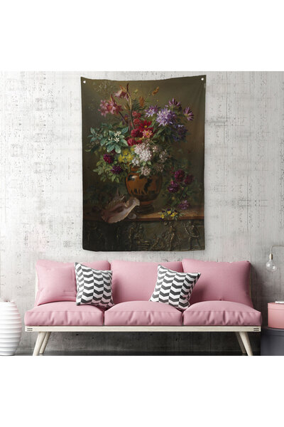 Harita Sepeti Vazodaki Renkli Çiçekler Duvar Örtüsü - Halısı-5925