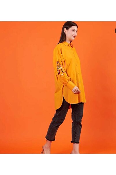 Azra Moda Style Women's Shirt - Orange Flower Patterned Sleeve