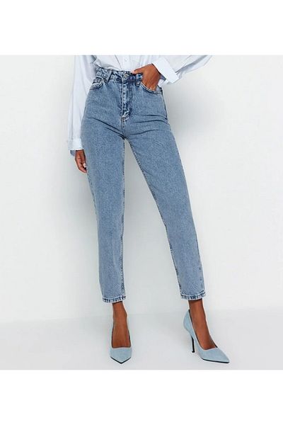 MAKRAS EXCLUSIVE Julia 90's Women's Blue Snow Wash High Waist Lycra Mom Jeans Jeans