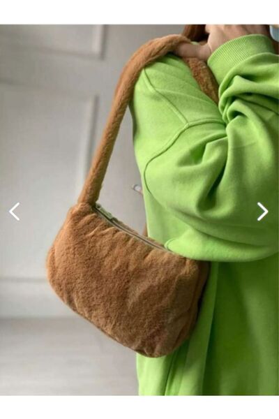 NEWISH POLO ACCESSORIES Γυναικεία τσάντα ώμου καφέ βελούδινη γούνινη φιγούρα ...