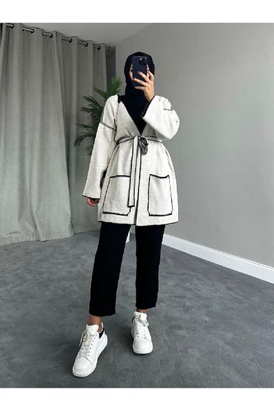 sistem Casual Belted Beige Cardigan
