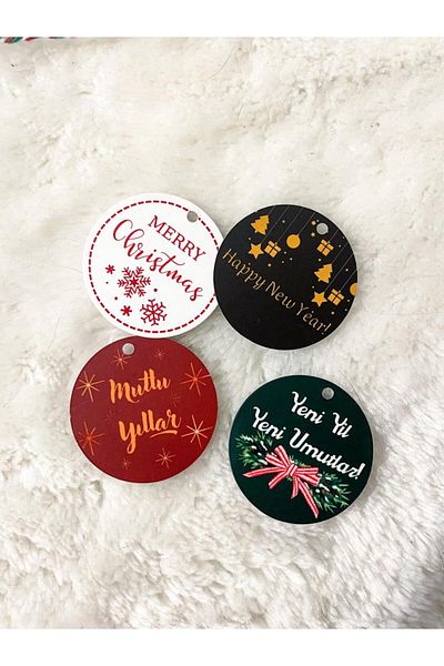 Hayal.kirtasiyesi New Year Series - 20 Pieces of Product Labels with Perforated Embossed Detail, 4 Cm, 4 Models Mixed Package