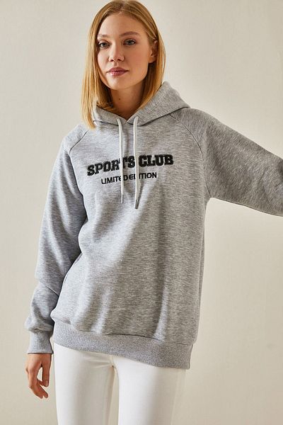 XHAN Gray Text Detailed Raised Hooded Sweatshirt 4KXK8-47596-03