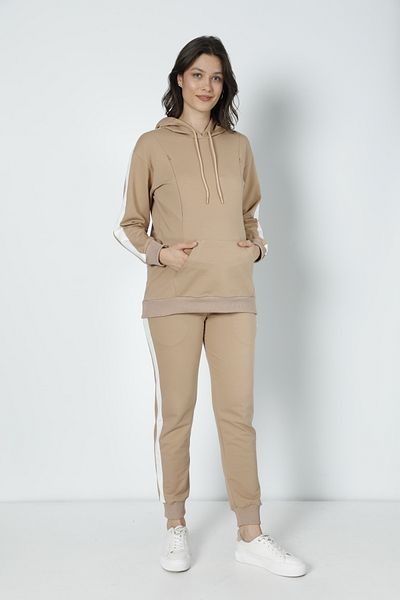 Miss Dünya Lissa Milk Coffee Striped Maternity and Maternity Hooded Sweatshirt Tracksuit Set