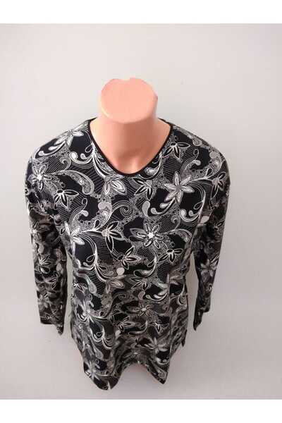 YAŞAR TRİKO Kadın Siyah Desenli V Yaka Uzun Kollu Yanları Yırtmaçlı Mevsimlik Süet Anne Penye Tişört Bluz