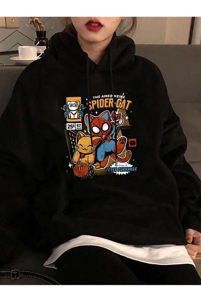 Planet Butik سويت شيرت بقلنسوة من القماش السميك باللون الأسود للجنسين مطبوع عليه Spider-Cat