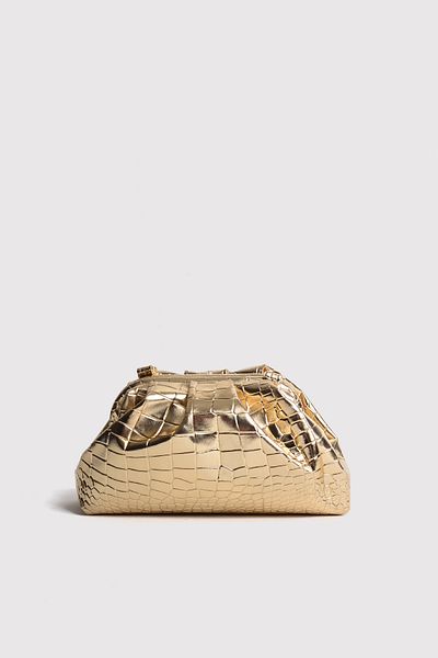 Berlesi Gold Women's Croco Patterned Metallic Leather Clutch Evening Dress Bag