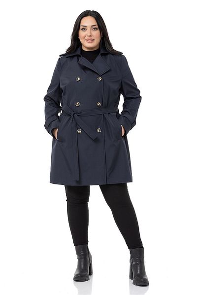 DISENTIS MODEST Large Size Double-breasted Fleto Pocket Belted Epaulet Lined Navy Blue Trench Coat