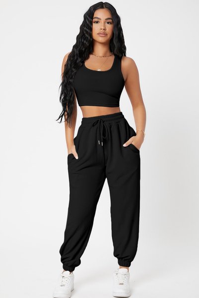 Imoda Kadın Siyah Kaşkorse Cepli Jogger Eşofman Altı ve Crop Top Bluz
