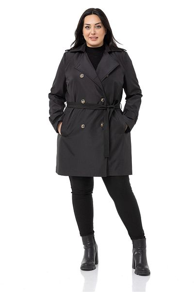 DISENTIS MODEST Large Size Double-breasted Fleto Pocket Belted Epaulet Lined Black Trench Coat